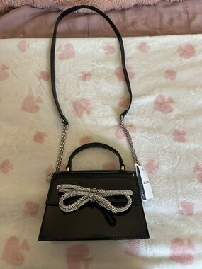 Aldo Black Patent Mini Top-Handle Bag with Crystal Bow Accent